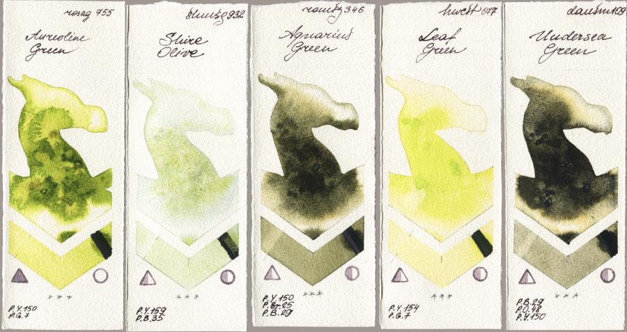 Rosa Gallery 755 Aureoline Green vs Shminke Horadam Aquarell 932 Shire Olive vs Roman Szmal Aquarius 346 Aquarius Green vs Holbein Artists Watercolor 077 Leaf Green vs Daniel Smith 109 Undersea Green watercolor swatch