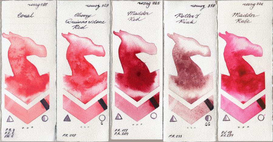 Rosa Gallery 756 Coral vs Roman Szmal Aquarius 329 Cherry Quinacridone Red vs 725 Madder Red vs 359 Potters Pink vs 726 Madder Rose watercolor swatch