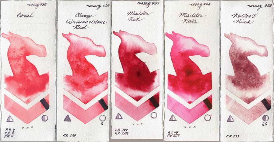 Rosa Gallery 756 Coral vs Roman Szmal Aquarius 329 Cherry Quinacridone Red vs 725 Madder Red vs 726 Madder Rose vs 359 Potters Pink watercolor swatch