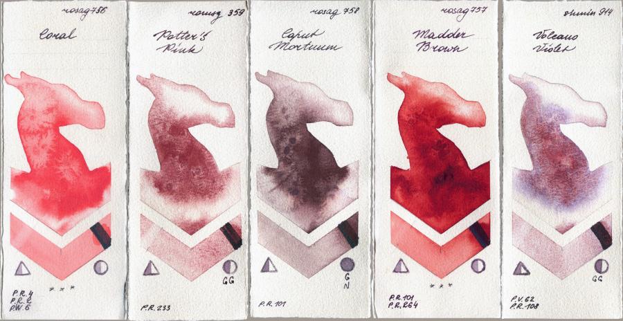 Rosa Gallery 756 Coral vs Roman Szmal Aquarius 359 Potters Pink vs 758 Caput Mortuum vs 757 Madder Brown vs Shminke Horadam Aquarell 914 Volcano Violet watercolor swatch
