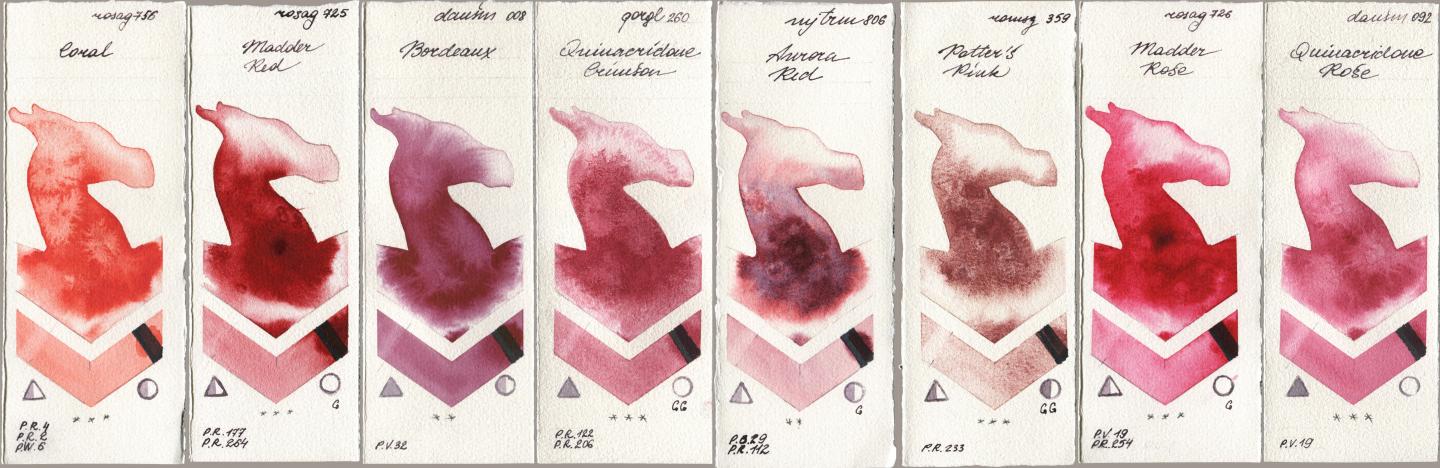 Rosa Gallery 756 Coral, 725 Madder Red, Daniel Smith 008 Bordeaux, Golden QOR 260 Quinacridone Crimson, Mijello Mission Gold 806 Aurora Red, Roman Szmal Aquarius 359 Potters Pink, 726 Madder Rose, 092 Quinacridone Ro watercolor swatch