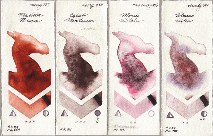 Rosa Gallery 757 Madder Brown vs 758 Caput Mortuum vs Rockwell 414 Morai Witch vs Shminke Horadam Aquarell 914 Volcano Violet watercolor swatch