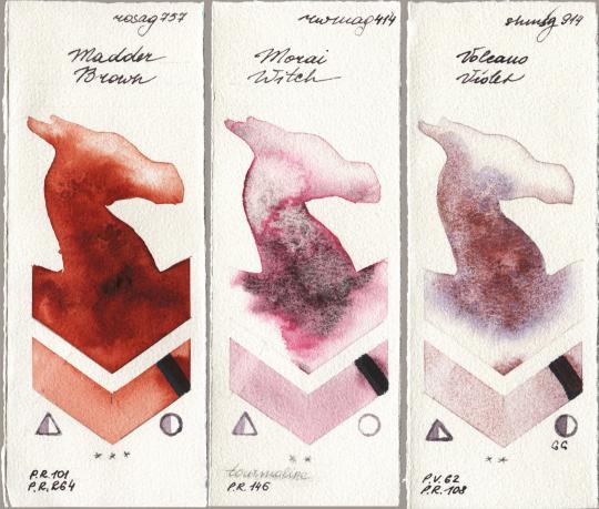 Rosa Gallery 757 Madder Brown vs Rockwell 414 Morai Witch vs Shminke Horadam Aquarell 914 Volcano Violet watercolor swatch