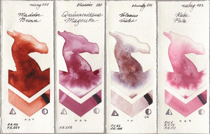 Rosa Gallery 757 Madder Brown, Shminke Horadam Aquarell 369 Quinacridone Magenta, 914 Volcano Violet, 793 Rose Pa watercolor swatch