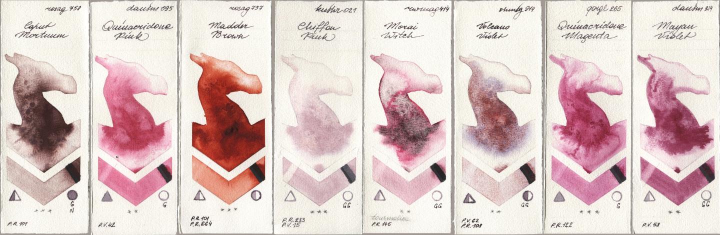 Rosa Gallery 758 Caput Mortuum, Daniel Smith 095 Quinacridone Pink, 757 Madder Brown, Kusakabe 021 Chiffon Pink, Rockwell 414 Morai Witch, Shminke Horadam Aquarell 914 Volcano Violet, Golden QOR 265 Quinacridone Magenta, 214 Mayan Viol watercolor swatch