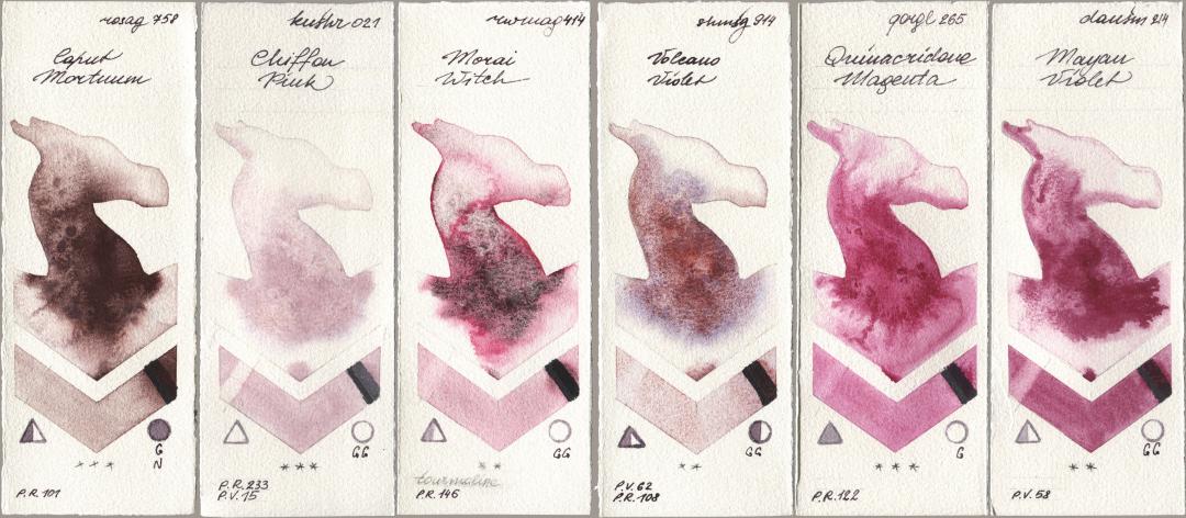 Rosa Gallery 758 Caput Mortuum, Kusakabe 021 Chiffon Pink, Rockwell 414 Morai Witch, Shminke Horadam Aquarell 914 Volcano Violet, Golden QOR 265 Quinacridone Magenta, Daniel Smith 214 Mayan Viol watercolor swatch