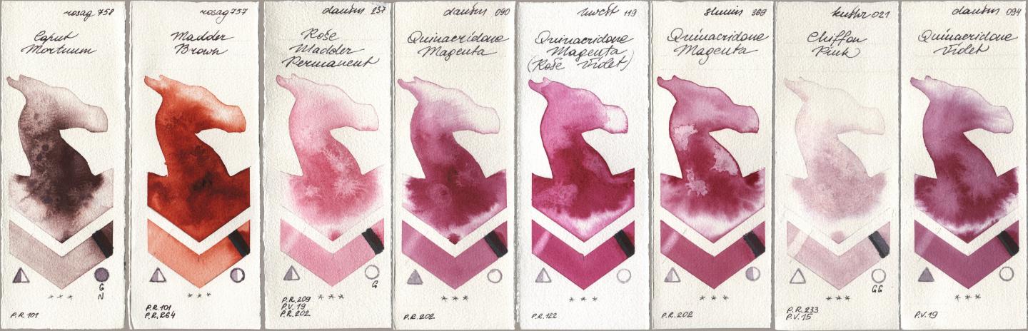 Rosa Gallery 758 Caput Mortuum, 757 Madder Brown, Daniel Smith 237 Rose Madder Permanent, 090 Quinacridone Magenta, Holbein Artists Watercolor 119 Quinacridone Magenta (Rose Violet), Shminke Horadam Aquarell 369 Quinacridone Magenta, Kusakabe 021 Chiffon Pink, 094 Quinacridone Viol watercolor swatch