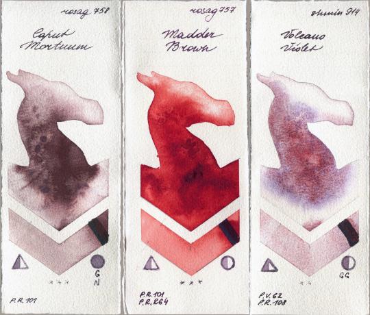 Rosa Gallery 758 Caput Mortuum vs 757 Madder Brown vs Shminke Horadam Aquarell 914 Volcano Violet watercolor swatch