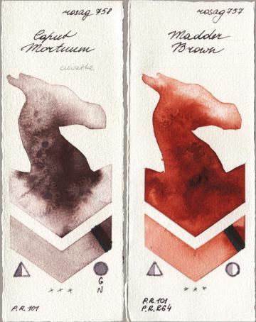 Rosa Gallery 758 Caput Mortuum vs 757 Madder Brown watercolor swatch