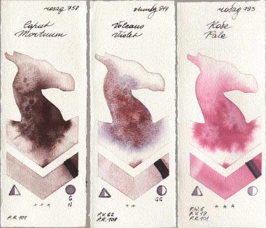 Rosa Gallery 758 Caput Mortuum, Shminke Horadam Aquarell 914 Volcano Violet, 793 Rose Pa watercolor swatch