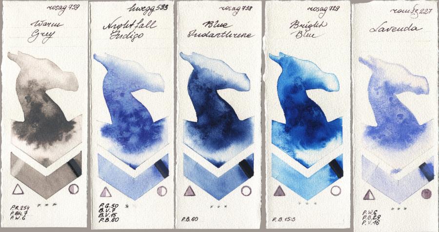 Rosa Gallery 759 Warm Grey vs Holbein Artists Watercolor 533 Nightfall Indigo vs 738 Blue Indanthrone vs 729 Bright Blue vs Roman Szmal Aquarius 227 Lavenda watercolor swatch