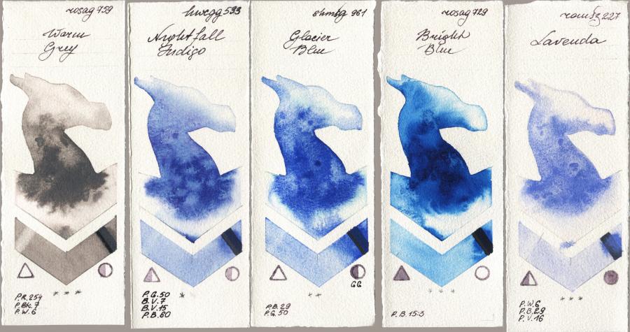 Rosa Gallery 759 Warm Grey vs Holbein Artists Watercolor 533 Nightfall Indigo vs Shminke Horadam Aquarell 961 Glacier Blue vs 729 Bright Blue vs Roman Szmal Aquarius 227 Lavenda watercolor swatch