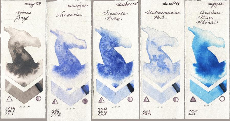 Rosa Gallery 759 Warm Grey vs Roman Szmal Aquarius 227 Lavenda vs Daniel Smith 173 Verditer Blue vs Kuretake Gansai Tambi 061 Ultramatire Pale vs Royal Talens Van Gogh Watercolour 535 Cerulean Blue Phthalo watercolor swatch