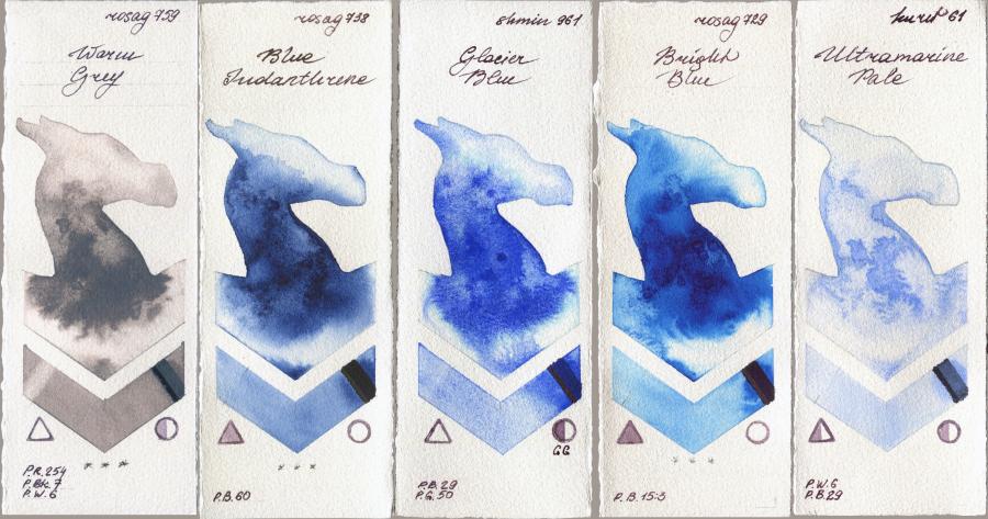 Rosa Gallery 759 Warm Grey vs 738 Blue Indanthrone vs Shminke Horadam Aquarell 961 Glacier Blue vs 729 Bright Blue vs Kuretake Gansai Tambi 61 Ultramatire Pale watercolor swatch