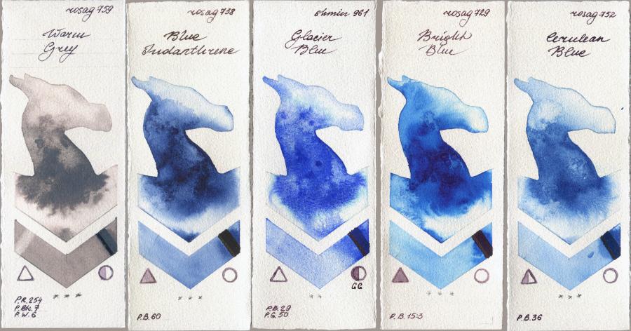Rosa Gallery 759 Warm Grey vs 738 Blue Indanthrone vs Shminke Horadam Aquarell 961 Glacier Blue vs 729 Bright Blue vs 752 Cerulean Blue watercolor swatch