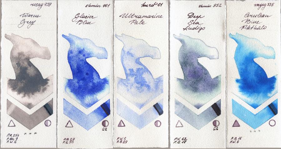 Rosa Gallery 759 Warm Grey vs Shminke Horadam Aquarell 961 Glacier Blue vs Kuretake Gansai Tambi 61 Ultramatire Pale vs 952 Deep Sea Indigo vs Van Gogh Watercolour 535 Cerulean Blue Phthalo watercolor swatch