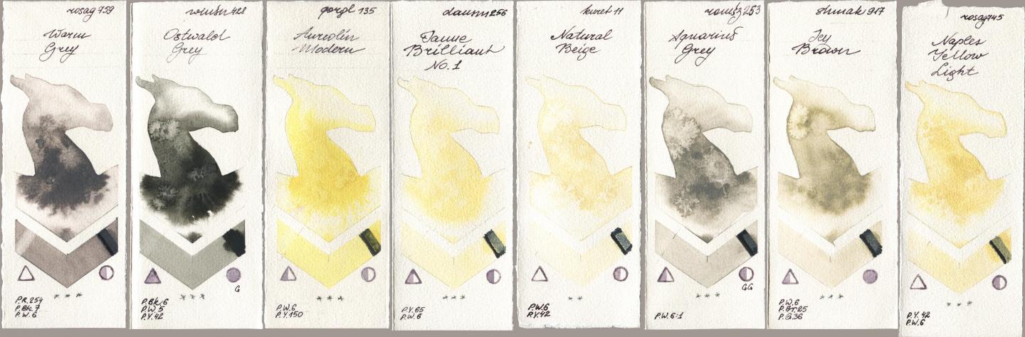 Rosa Gallery 759 Warm Grey, Winsor & Newton Professional 428 Ostwald Grey, Golden QOR 135 Aureolin Modern, Daniel Smith 256 Jaune Brilliant No 1, Kuretake Gansai Tambi 011 Natural Beige, Roman Szmal Aquarius 253 Aquarius Grey, Shminke Akademie Aquarell 917 Icy Brown, 745 Naples Yellow Lig watercolor swatch