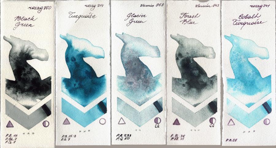 Rosa Gallery 760 Black Green vs 714 Turquiose vs Shminke Horadam Aquarell 963 Glacier Green vs 943 Forest Blue vs 741 Cobalt Turquoise watercolor swatch