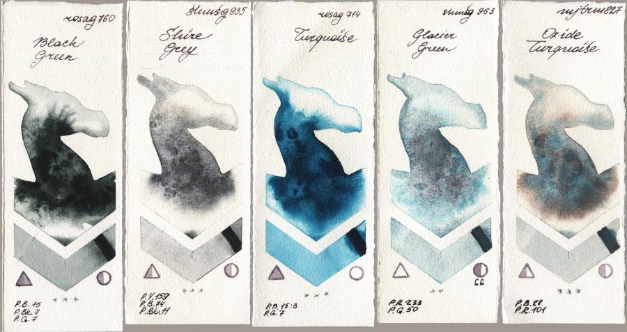 Rosa Gallery 760 Black Green vs Shminke Horadam Aquarell 935 Shire Grey vs 714 Turquiose vs 963 Glacier Green vs Mijello Mission Gold 827 Oxide Turquoise watercolor swatch