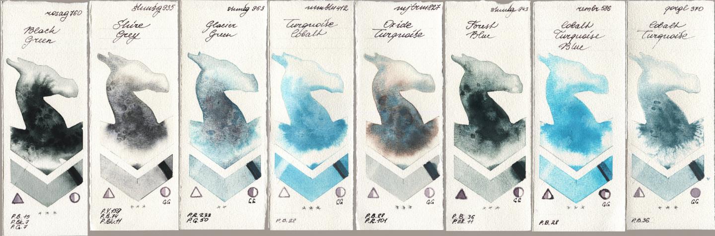 Rosa Gallery 760 Black Green, Shminke Horadam Aquarell 935 Shire Grey, 963 Glacier Green, Maimeri Blu 412 Turquoise Cobalt, Mijello Mission Gold 827 Oxide Turquoise, 943 Forest Blue, Royal Talens Rembrandt Watercolour 586 Cobalt Turquoise Blue, Golden QOR 370 Cobalt Turquoi watercolor swatch