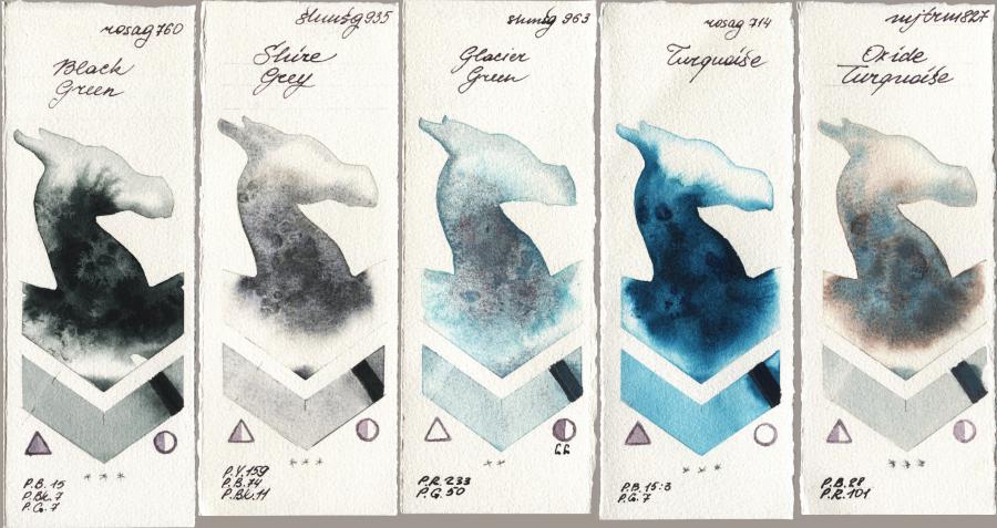 Rosa Gallery 760 Black Green vs Shminke Horadam Aquarell 935 Shire Grey vs 963 Glacier Green vs 714 Turquiose vs Mijello Mission Gold 827 Oxide Turquoise watercolor swatch