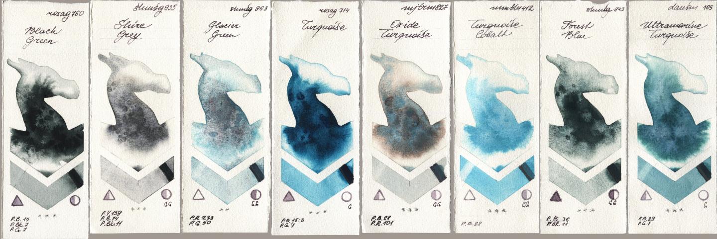 Rosa Gallery 760 Black Green, Shminke Horadam Aquarell 935 Shire Grey, 963 Glacier Green, 714 Turquoise, Mijello Mission Gold 827 Oxide Turquoise, Maimeri Blu 412 Turquoise Cobalt, 943 Forest Blue, Daniel Smith 105 Ultramarine Turquoi watercolor swatch