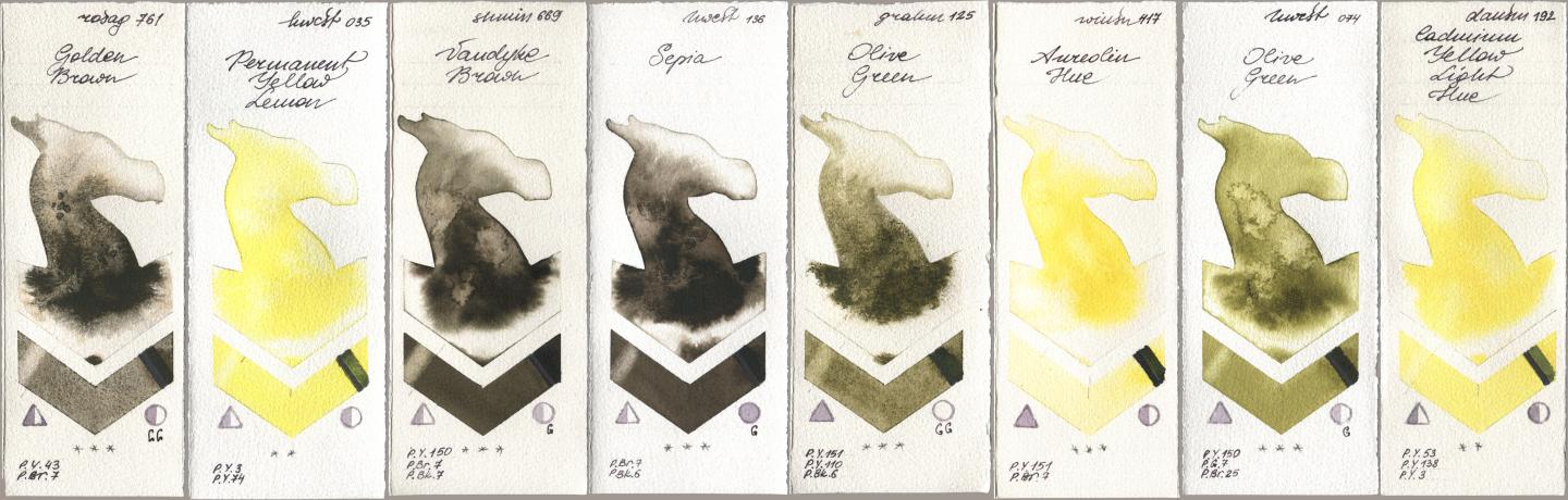 Rosa Gallery 761 Golden Brown, Holbein Artists Watercolor 035 Permanent Yellow Lemon, Shminke Horadam Aquarell 669 Vandyke Brown, 136 Sepia, M. Graham & Co. Artists 125 Olive Green, Winsor & Newton Professional 417 Aureolin Hue, 074 Olive Green, Daniel Smith 192 Cadmium Yellow Light H watercolor swatch