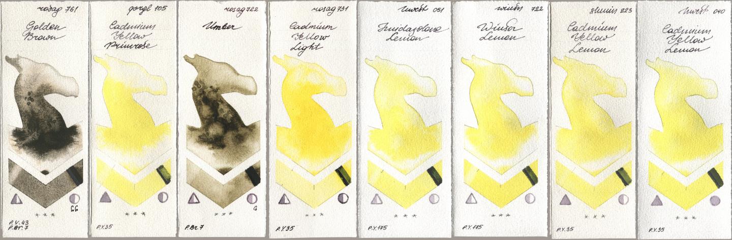 Rosa Gallery 761 Golden Brown, Golden QOR 105 Cadmium Yellow Primrose, 722 Umber, 731 Cadmium Yellow Light, Holbein Artists Watercolor 051 Imidazolone Lemon, Winsor & Newton Professional 722 Winsor Lemon, Shminke Horadam Aquarell 223 Cadmium Yellow Lemon, 040 Cadmium Yellow Lem watercolor swatch