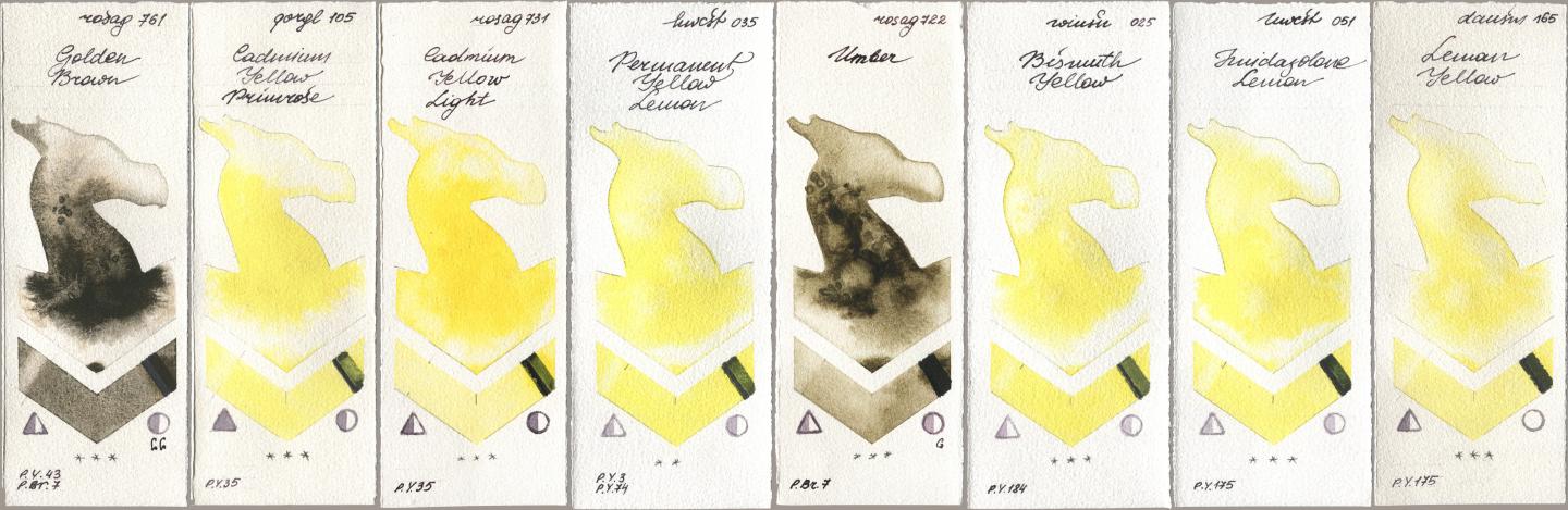 Rosa Gallery 761 Golden Brown, Golden QOR 105 Cadmium Yellow Primrose, 731 Cadmium Yellow Light, Holbein Artists Watercolor 035 Permanent Yellow Lemon, 722 Umber, Winsor & Newton Professional 025 Bismuth Yellow, 051 Imidazolone Lemon, Daniel Smith 165 Lemon Yell watercolor swatch