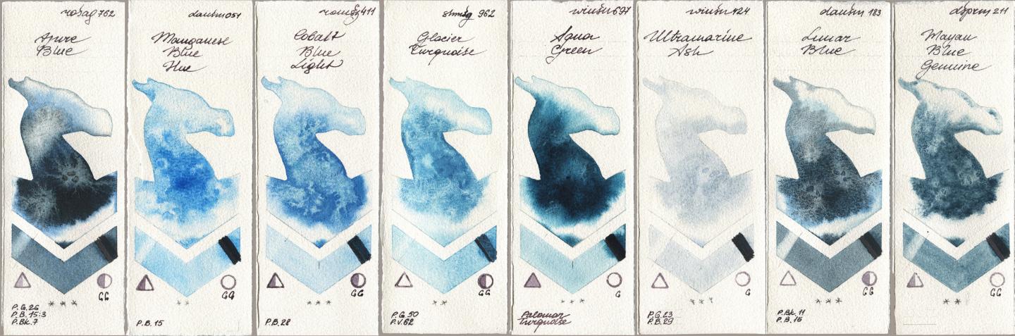 Rosa Gallery 762 Azure Blue, Daniel Smith 051 Manganese Blue Hue, Roman Szmal Aquarius 411 Cobalt Blue Light, Shminke Horadam Aquarell 962 Glacier Turquoise, Winsor & Newton Professional 697 Aqua Green, 424 Ultramarine Ash, 183 Lunar Blue, 211 Mayan Blue Genui watercolor swatch
