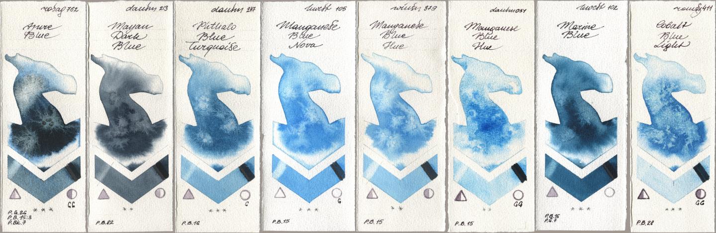 Rosa Gallery 762 Azure Blue, Daniel Smith 213 Mayan Dark Blue, 247 Phthalo Blue Turquoise, Holbein Artists Watercolor 105 Manganese Blue Nova, Winsor & Newton Professional 379 Manganese Blue Hue, 051 Manganese Blue Hue, 102 Marine Blue, Roman Szmal Aquarius 411 Cobalt Blue Lig watercolor swatch