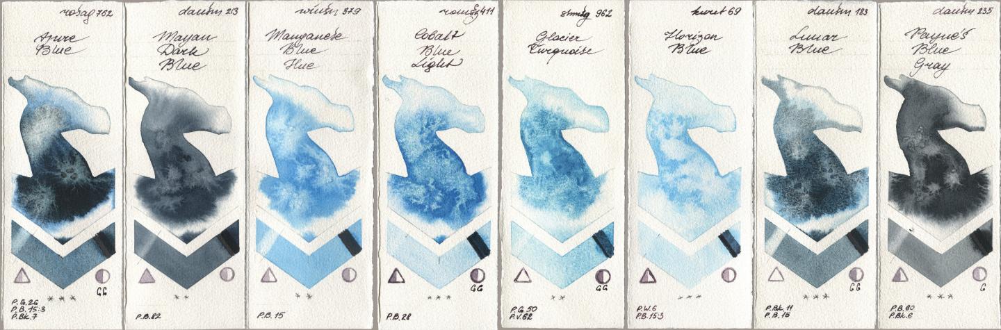 Rosa Gallery 762 Azure Blue, Daniel Smith 213 Mayan Dark Blue, Winsor & Newton Professional 379 Manganese Blue Hue, Roman Szmal Aquarius 411 Cobalt Blue Light, Shminke Horadam Aquarell 962 Glacier Turquoise, Kuretake Gansai Tambi 069 Horizon Blue, 183 Lunar Blue, 235 Paynes Blue Gr watercolor swatch