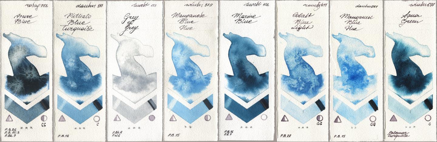 Rosa Gallery 762 Azure Blue, Daniel Smith 247 Phthalo Blue Turquoise, Holbein Artists Watercolor 153 Grey of Grey, Winsor & Newton Professional 379 Manganese Blue Hue, 102 Marine Blue, Roman Szmal Aquarius 411 Cobalt Blue Light, 051 Manganese Blue Hue, 697 Aqua Gre watercolor swatch