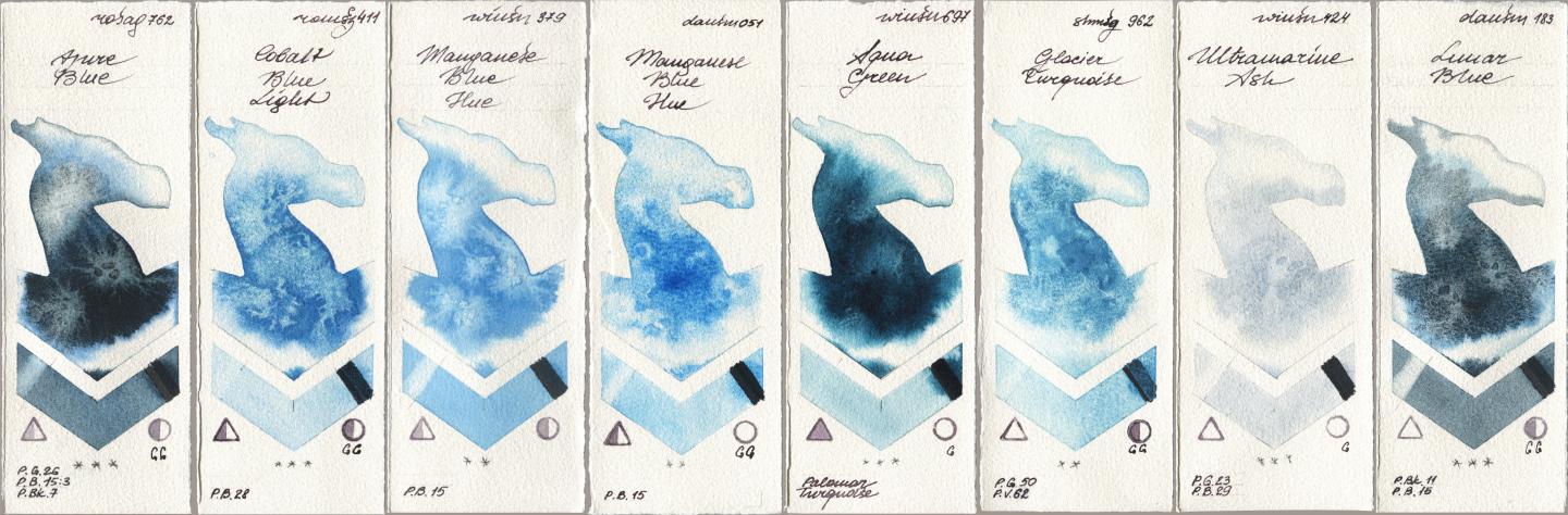 Rosa Gallery 762 Azure Blue, Roman Szmal Aquarius 411 Cobalt Blue Light, Winsor & Newton Professional 379 Manganese Blue Hue, Daniel Smith 051 Manganese Blue Hue, 697 Aqua Green, Shminke Horadam Aquarell 962 Glacier Turquoise, 424 Ultramarine Ash, 183 Lunar Bl watercolor swatch
