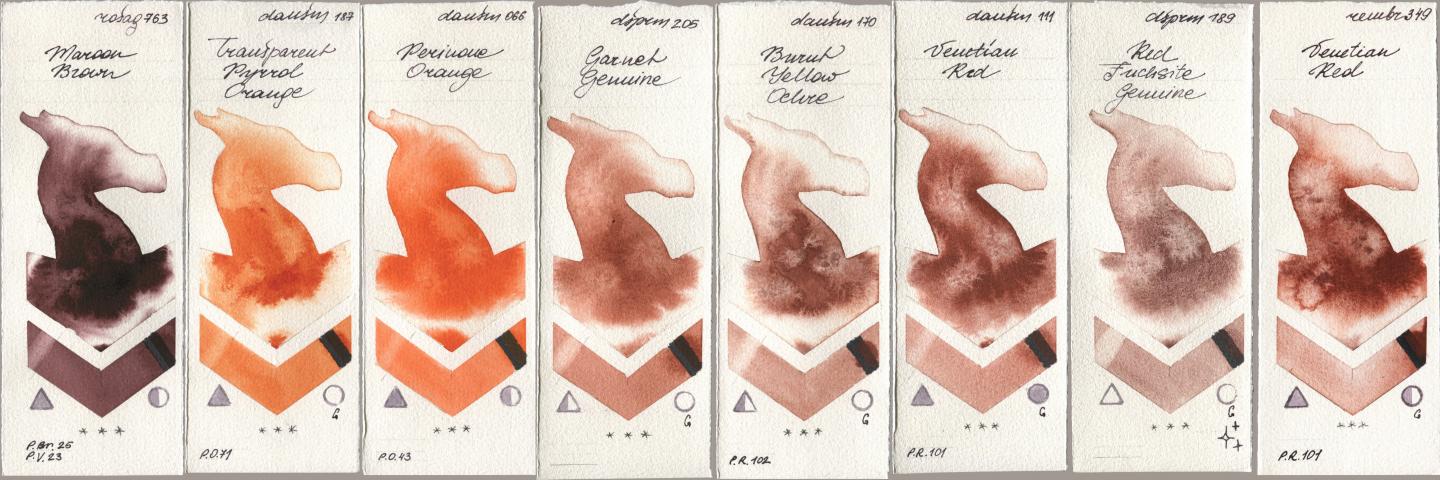 Rosa Gallery 763 Maroon Brown, Daniel Smith 187 Transparent Pyrrol Orange, 066 Perinone Orange, 205 Garnet Genuine, 170 Burnt Yellow Ochre, 111 Venetian Red, 189 Red Fuchsite Genuine, Royal Talens Rembrandt Watercolour 349 Venerian R watercolor swatch