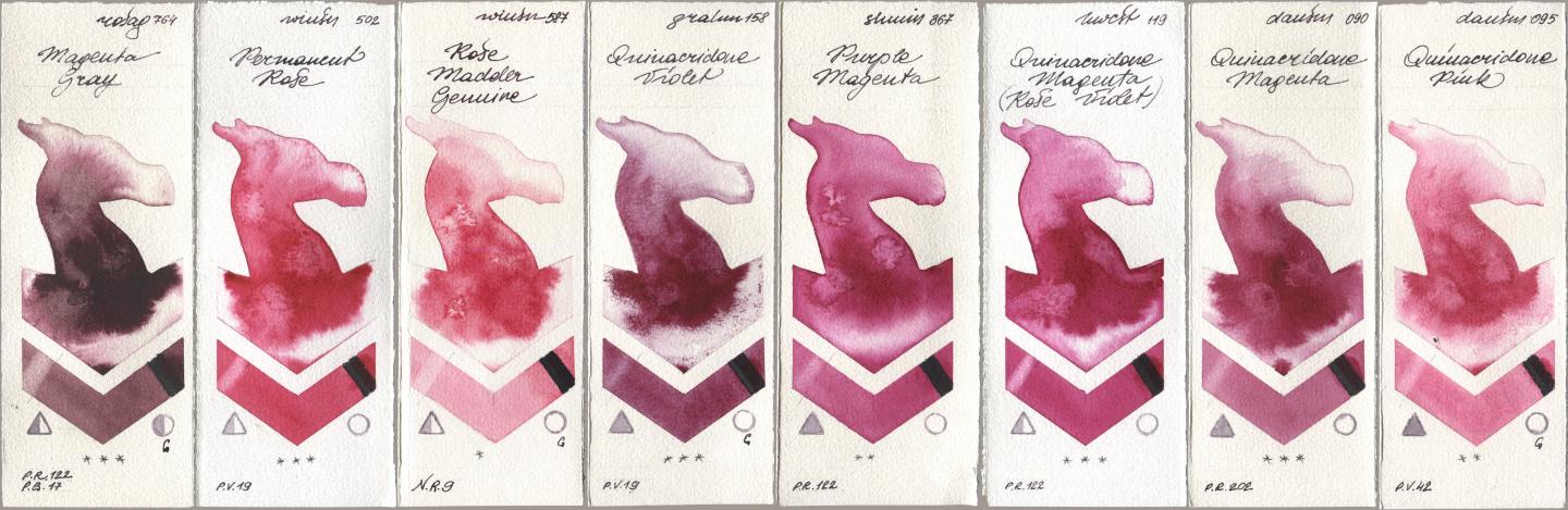 Rosa Gallery 764 Magenta Gray, Winsor & Newton Professional 502 Permanent Rose, 587 Rose Madder Genuine, M. Graham & Co. Artists 158 Quinacridone Violet, Shminke Horadam Aquarell 367 Purple Magenta, Holbein Artists Watercolor 119 Quinacridone Magenta (Rose Violet), Daniel Smith 090 Quinacridone Magenta, 095 Quinacridone Pi watercolor swatch