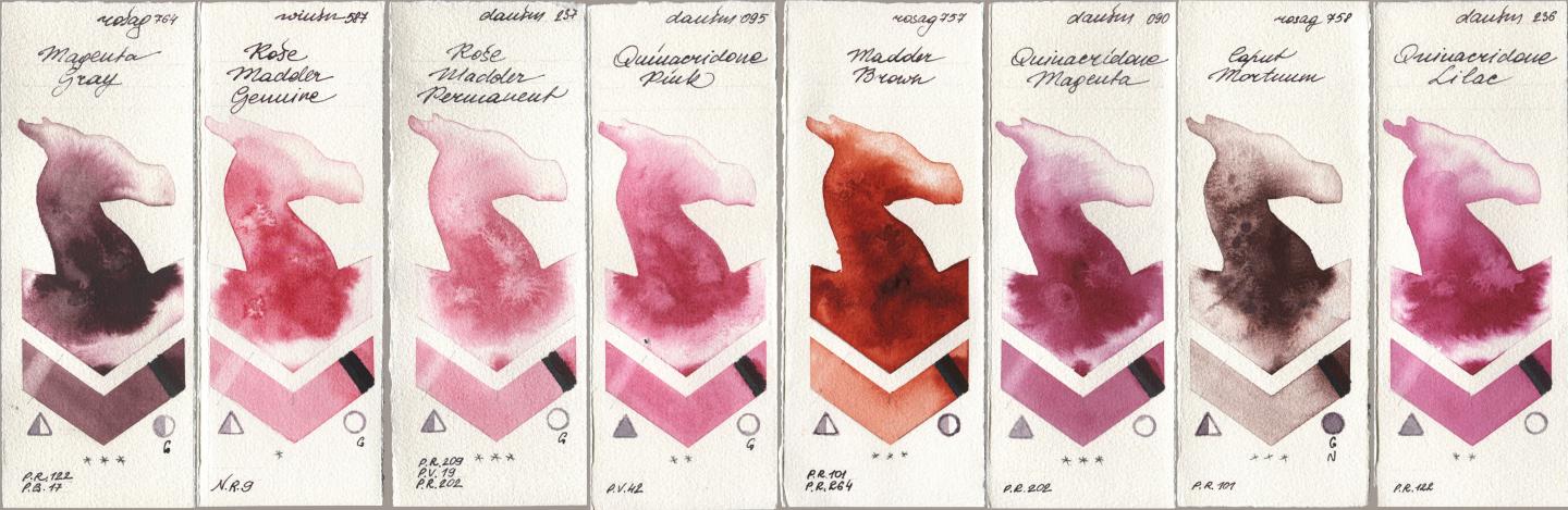Rosa Gallery 764 Magenta Gray, Winsor & Newton Professional 587 Rose Madder Genuine, Daniel Smith 237 Rose Madder Permanent, 095 Quinacridone Pink, 757 Madder Brown, 090 Quinacridone Magenta, 758 Caput Mortuum, 236 Quinacridone Lil watercolor swatch