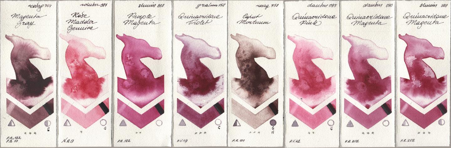 Rosa Gallery 764 Magenta Gray, Winsor & Newton Professional 587 Rose Madder Genuine, Shminke Horadam Aquarell 367 Purple Magenta, M. Graham & Co. Artists 158 Quinacridone Violet, 758 Caput Mortuum, Daniel Smith 095 Quinacridone Pink, 090 Quinacridone Magenta, 369 Quinacridone Magen watercolor swatch