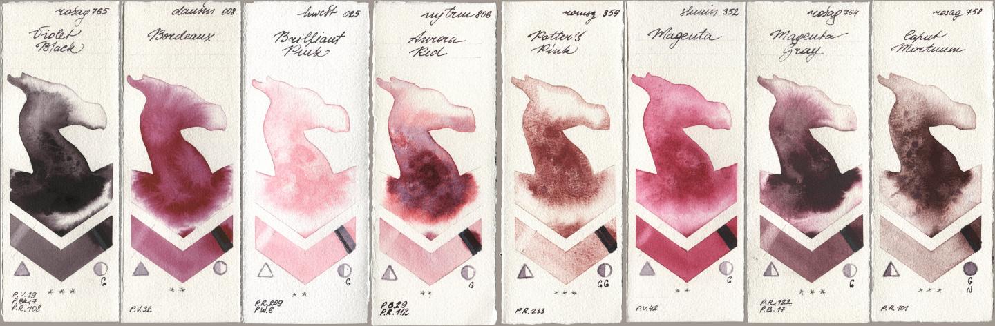 Rosa Gallery 765 Violet Black, Daniel Smith 008 Bordeaux, Holbein Artists Watercolor 025 Brilliant Pink, Mijello Mission Gold 806 Aurora Red, Roman Szmal Aquarius 359 Potters Pink, Shminke Horadam Aquarell 352 Magenta, 764 Magenta Gray, 758 Caput Mortu watercolor swatch