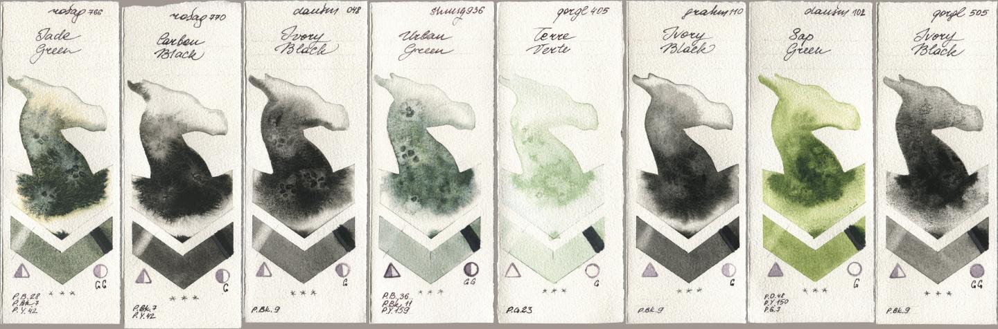 Rosa Gallery 766 Jade Green, 770 Carbon Black, Daniel Smith 048 Ivory Black, Shminke Horadam Aquarell 936 Urban Green, Golden QOR 405 Terre Verte, M. Graham & Co. Artists 110 Ivory Black, 102 Sap Green, 505 Ivory Bla watercolor swatch