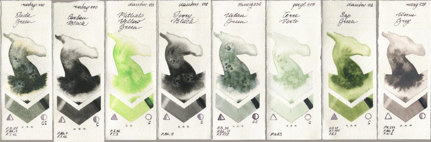 Rosa Gallery 766 Jade Green, 770 Carbon Black, Daniel Smith 124 Phthalo Yellow Green, 048 Ivory Black, Shminke Horadam Aquarell 936 Urban Green, Golden QOR 405 Terre Verte, 102 Sap Green, 759 Warm Gr watercolor swatch