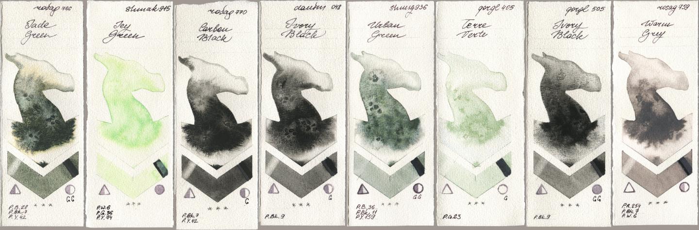 Rosa Gallery 766 Jade Green, Shminke Akademie Aquarell 915 Icy Green, 770 Carbon Black, Daniel Smith 048 Ivory Black, Shminke Horadam Aquarell 936 Urban Green, Golden QOR 405 Terre Verte, 505 Ivory Black, 759 Warm Gr watercolor swatch