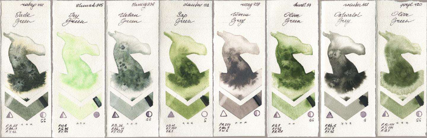 Rosa Gallery 766 Jade Green, Shminke Akademie Aquarell 915 Icy Green, Shminke Horadam Aquarell 936 Urban Green, Daniel Smith 102 Sap Green, 759 Warm Grey, Kuretake Gansai Tambi 054 Olive Green, Winsor & Newton Professional 428 Ostwald Grey, Golden QOR 420 Olive Gre watercolor swatch