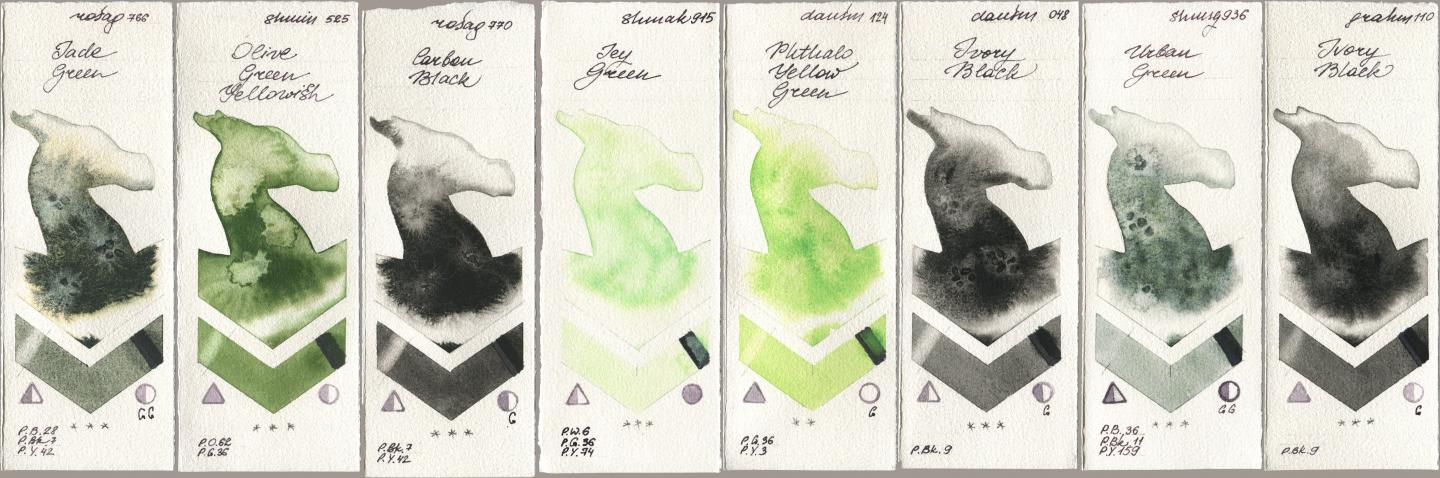 Rosa Gallery 766 Jade Green, Shminke Horadam Aquarell 525 Olive Green Yellowish, 770 Carbon Black, Shminke Akademie Aquarell 915 Icy Green, Daniel Smith 124 Phthalo Yellow Green, 048 Ivory Black, 936 Urban Green, M. Graham & Co. Artists 110 Ivory Bla watercolor swatch