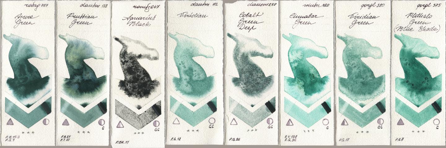 Rosa Gallery 767 Azure Green, Daniel Smith 128 Prussian Green, Roman Szmal Aquarius 247 Aquarius Black, 112 Viridian, 258 Cobalt Green Deep, Winsor & Newton Professional 420 Cinnabar Green, Golden QOR 380 Viridian Green, 375 Phthalo Green (Blue Shad watercolor swatch