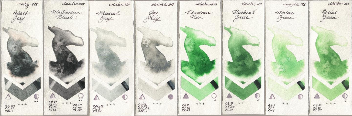 Rosa Gallery 768 Cobalt Gray, Daniel Smith 248 McCracken Black, Winsor & Newton Professional 427 Mineral Grey, Shminke Akademie Aquarell 918 Icy Grey, 696 Viridian Hue, 042 Hookers Green, Mijello Mission Gold 593 Melon Green, 208 Spring Gre watercolor swatch