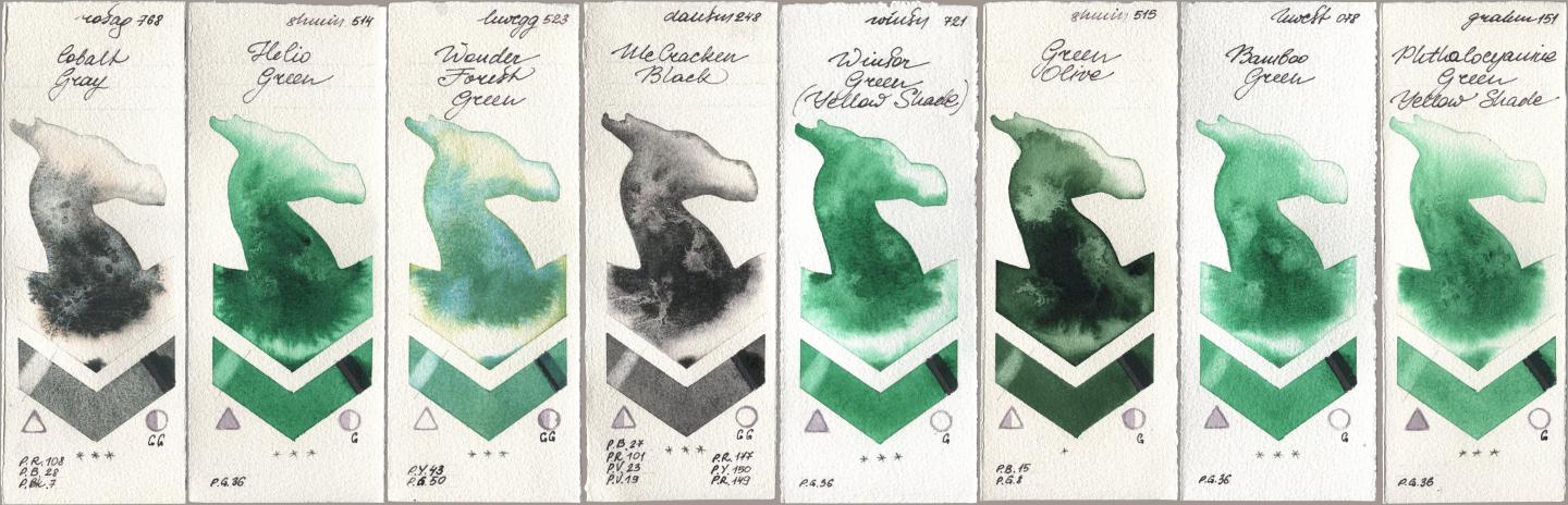 Rosa Gallery 768 Cobalt Gray, Shminke Horadam Aquarell 514 Helio Green, Holbein Artists Watercolor 523 Wonder Forest Green, Daniel Smith 248 McCracken Black, Winsor & Newton Professional 721 Winsor Green (Yellow shade), 515 Green Olive, 078 Bamboo Green, M. Graham & Co. Artists 151 Phthalocyanine Green Yellow Sha watercolor swatch