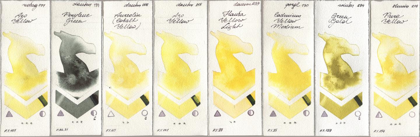 Rosa Gallery 771 Azo Yellow, Daniel Smith 194 Perylene Green, 006 Aureolin (Cobalt Yellow), 215 Azo Yellow, 039 Hansa Yellow Light, Golden QOR 130 Cadmium Yellow Medium, Winsor & Newton Professional 294 Green Gold, Shminke Horadam Aquarell 216 Pure Yell watercolor swatch