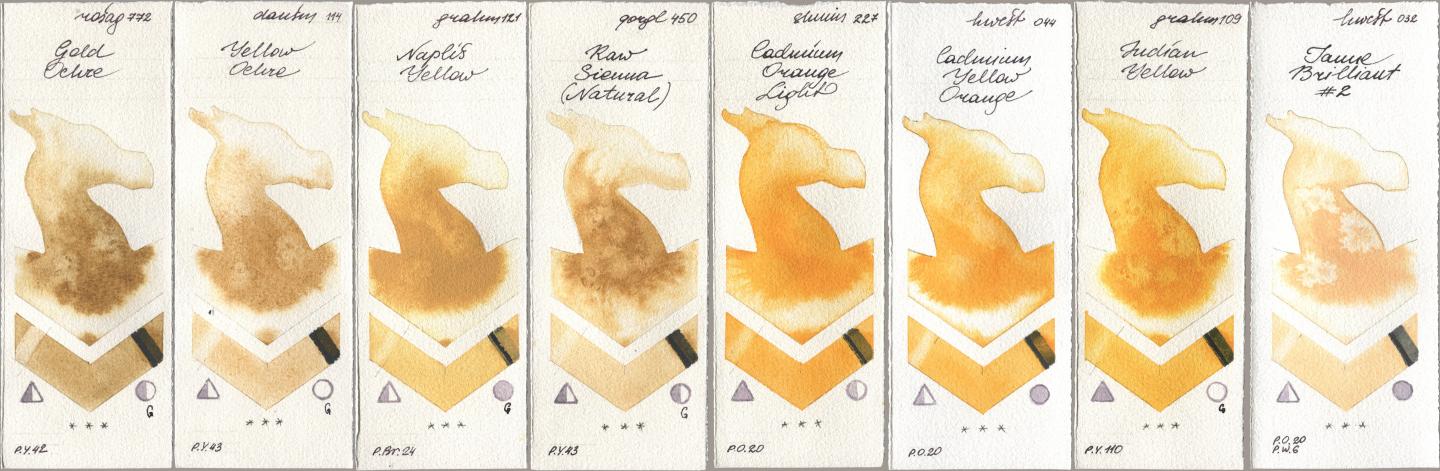 Rosa Gallery 772 Gold Ochre, Daniel Smith 114 Yellow Ochre, M. Graham & Co. Artists 121 Naples Yellow, Golden QOR 450 Raw Sienna (Natural), Shminke Horadam Aquarell 227 Cadmium Orange Light, Holbein Artists Watercolor 044 Cadmium Yellow Orange, 109 Indian Yellow, 032 Jaune Brillant No watercolor swatch