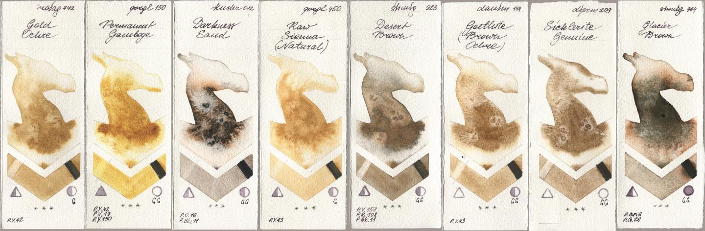 Rosa Gallery 772 Gold Ochre, Golden QOR 150 Permanent Gamboge, Kusakabe 012 Darkness Sand, 450 Raw Sienna (Natural), Shminke Horadam Aquarell 923 Desert Brown, Daniel Smith 144 Goethite (Brown Ochre), 209 Sicklerite Genuine, 964 Glacier Bro watercolor swatch